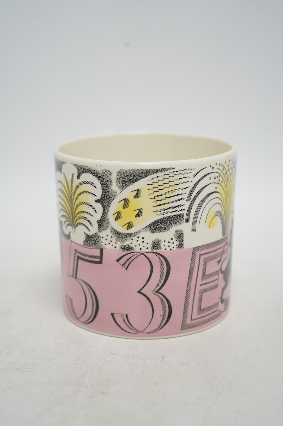 Eric Ravilious for Wedgwood, a 1953 Coronation mug, 10.5cm high, together with a Laura Knight coronation mug. Condition - fair to good